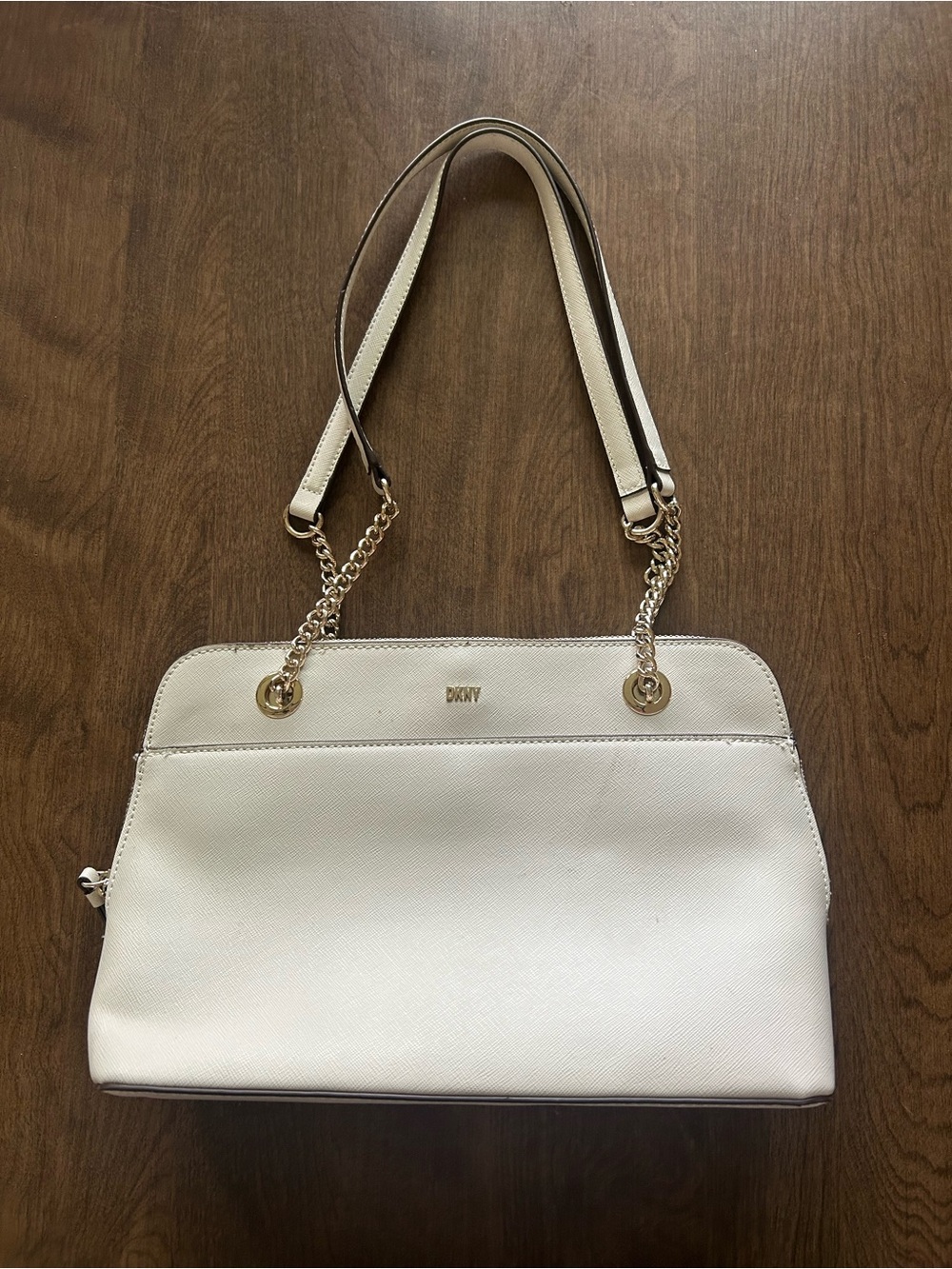 DKNY Cream Leather Shoulder Bag with Gold Chain Accents